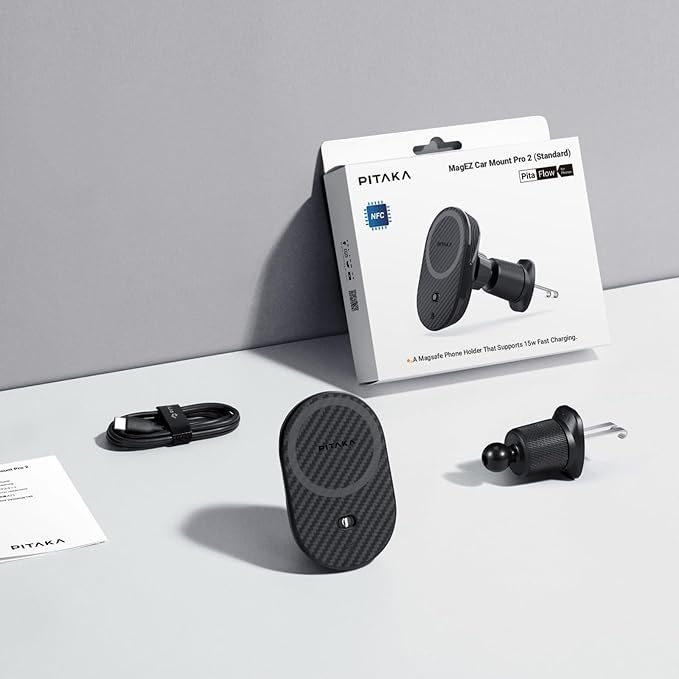 pitaka Magnetic Car Mount for iPhone 16/15/14/13 Series, Magnetic Car Charger with NFC Feature, 360 Degree Rotation [MagEZ Car Mount Pro 2, Universal]