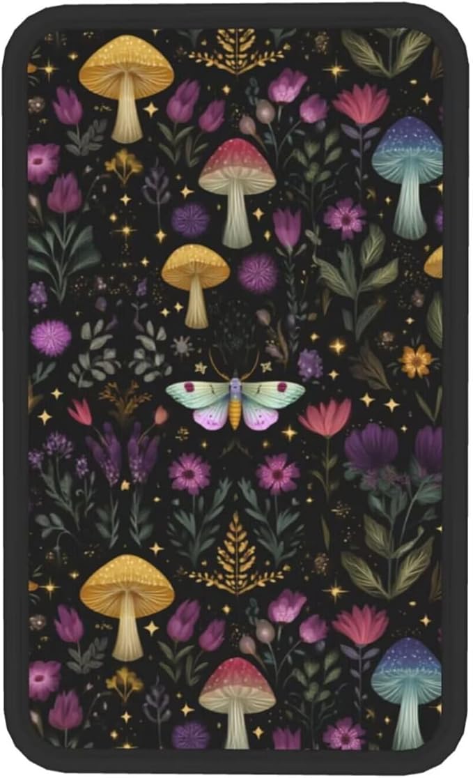 Mushroom Print Center Console Cover Boho Herbs Leaf Armrest Seat Box Covers Protector Black Vintage Car Decor Accessories Scratch Resistant Middle Console Lid Cushion Pad