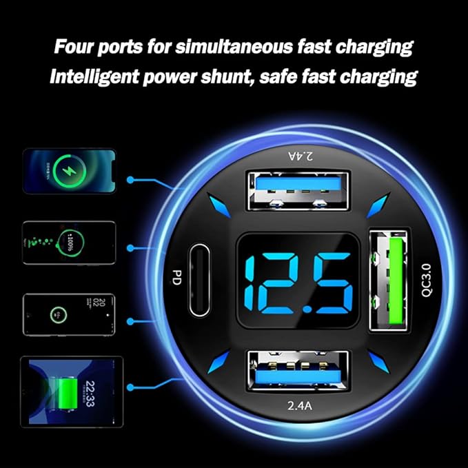 2Pcs 4 Ports USB Car Charger USB Adapter with Voltmeter,Type C Port PD 3.1/QC 3.0 Super Fast Charging Car Cigarette Lighter Plug for iPhone 14 13 12,S22 S21 S20,iPad Pro& More Mobil Phone (2Pcs-Black)