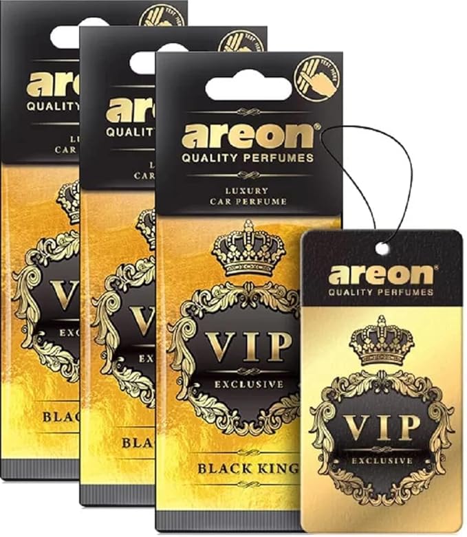 AREON VIP - Hanging Cardboard Air Freshener for Car, Home & Office - Premium Cologne Perfume with Natural Fragrances - Long Lasting, Fresh, Luxurious Scent - Stylish Design - Black King, Pack of 3