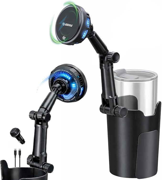 Esoulk [2026 Upgraded] Qi2 25W Fast Wireless Car Charger with Cooling Fan, Cup Holder Phone Mount with Adjustable Long Arm, Magnetic Fast Charging Holder for iPhone & Android