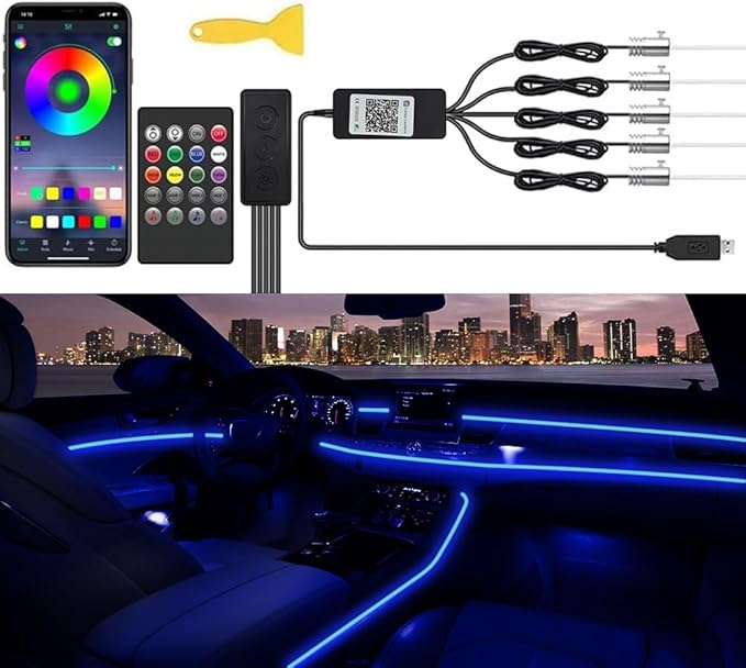 Car LED Interior Strip Lights, TEKSHINNY RGB Car Interior LED Light Wireless APP Button Remote Control, 5 in 1 Fiber Optic Ambient Lighting Kit with 236 Inches, EL Wire Lights for Car Inside