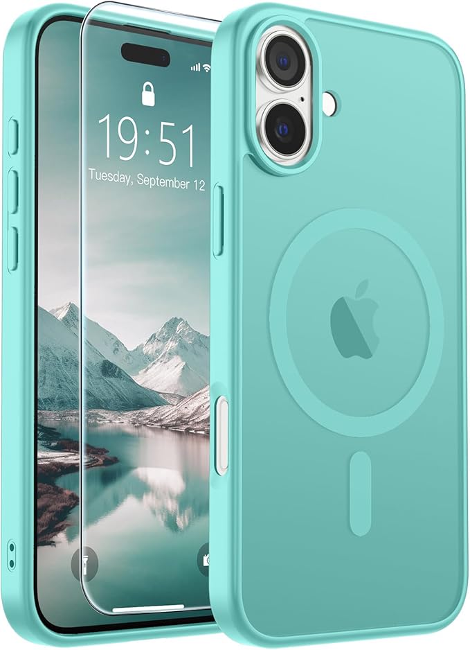 SUPFINE Magnetic for iPhone 16 Case (Compatible with MagSafe) (Military Grade Drop Protection) Slim Translucent Matte Shockproof with Anti-Fingerprint Phone Case, Blue Green