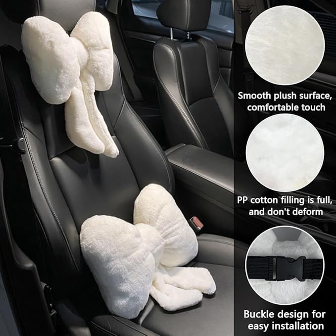 LYFJMUS 4 Pack Plush Bow Car Headrest Pillow and Lumbar Support Pillow Soft Butterfly Car Neck Pillows for Driving Cars Decor
