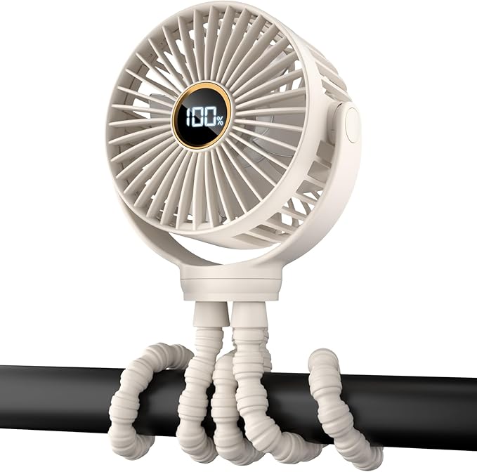 Portable Stroller Mini Fan, Small Rechargeable Personal Fan, Travel Essentials for Baby, Wagon, Car Seat, Treadmill, Battery Powered Biking Gear Accessories, 360° Rotation, 3-Speed, Display, Beige