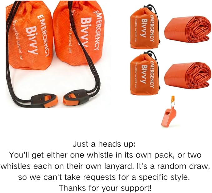 Emergency Sleeping Bags 2 Pack - Waterproof Mylar Thermal Bivy Sack Survival Gear, Portable Lightweight Emergency Bivvy Blanket with Whistle for Outdoor Camping, Hiking, Car Kit and Military Use