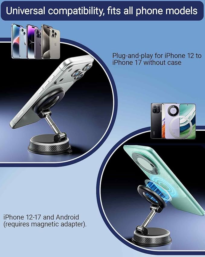 Magnetic Car Phone Holder, 360°Adjustable Vacuum Dashboard and Windshield Mount Magsafe Cell Phone Holders for Your Car, Carbon Fiber 108+LBS Nano Gel Suction Cup, iPhone, Samsung (Silver)