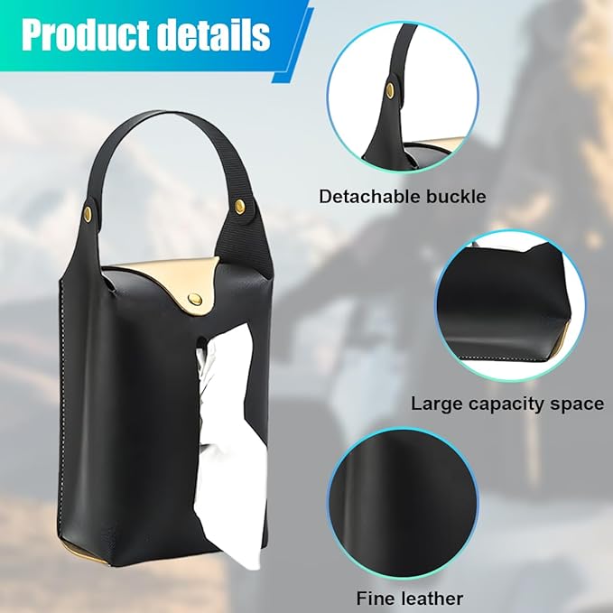 Car Tissue Holder, Large Car Headrest Hanging Tissue Box Cover, PU Leather Auto Napkin Holder, Universal Vehicle Backseat Paper Organizer for Cars Sun Visor (Black)