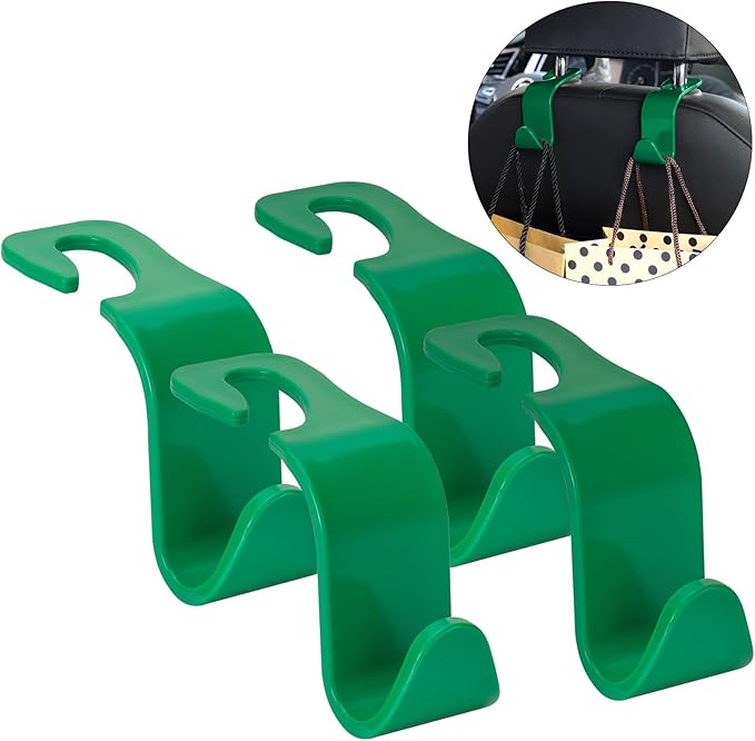 Soleebee 4 Pack Car Headrest Hooks - Universal Auto Hooks, Back Seat Hangers, Storage Organizer (Green)