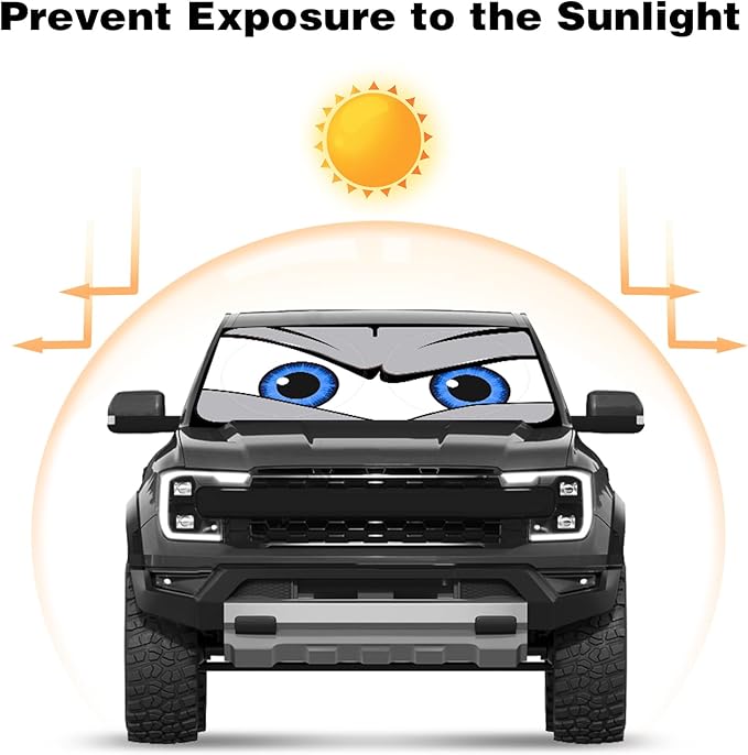 Car Windshield Sun Shade, Funny Eyes Sun Visor, Wear-Resistant Black Tape, Foldable 59‘’x27.5‘’/63''x31.5''