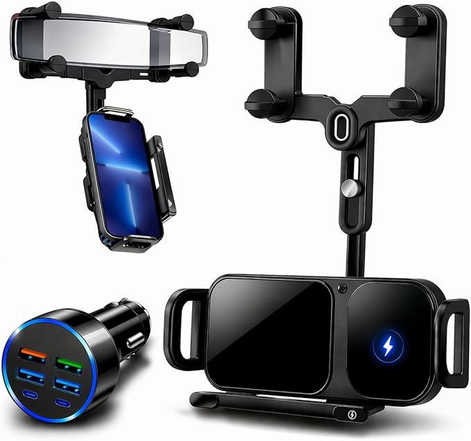 Wireless Car Charger Mount, Auto-Clamping Phone Holder with Fast Charging – Wireless Cell Phone Charging Car Mount for iPhone & Android (Rear Mirror Mount)