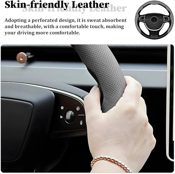 3PCS Car Steering Wheel Cover, Nappa Leather Breathable Non-Slip Segmented Steering Wheel Protector, Snap-on Auto Interior Decoration Accessories, Universal Fit (Gray)
