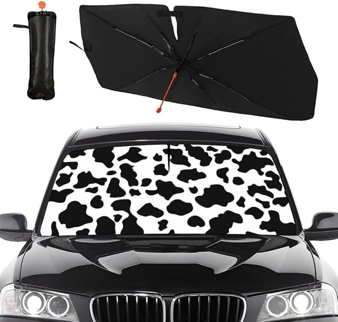 Socira Cow Print Windshield Sun Shade Umbrella Foldable Cow Sunshade for Front Window Auto Windshield Sunshade Covers Car Accessories Protect from Sun Rays Heat 57'' X 30''