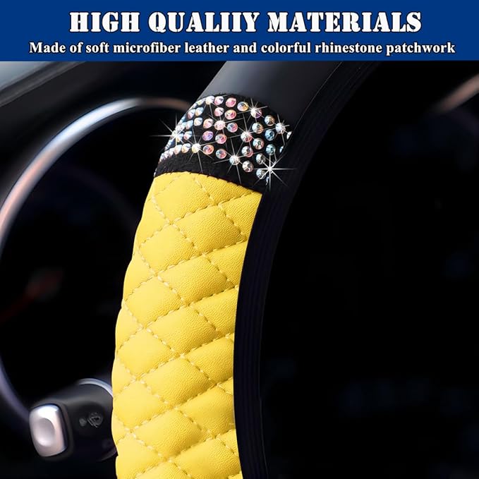 Soft Leather Car Steering Wheel Cover, Universal 15 Inch Colorful Rhinestones Anti-Slip Elastic Steering Wheel Covers for Most Cars, Sparkly Crystal Diamond for Women Girls (Yellow)