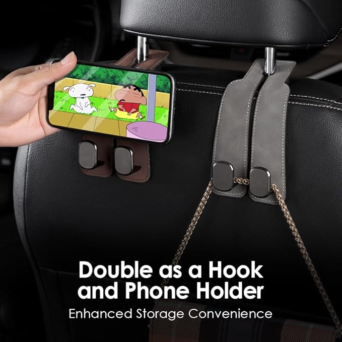KINIVA Car Seat Headrest Storage Hooks, Set of 2, Suede PU Leather, Double Hooks (Brown-4 Pack)