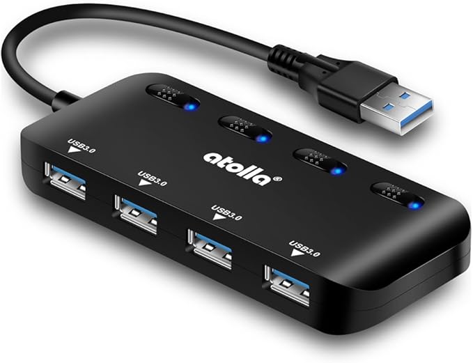 USB 3.0 Hub 4-Port with Individual Switches, Ultra-Slim High-Speed Data Expander, 5Gbps USB Splitter for Laptop, PC, Keyboard, Mouse, Flash Drive – LED Indicators, Plug & Play