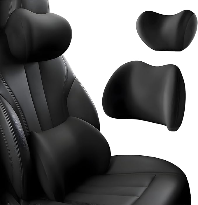 Car Headrest & Lumbar Support Cushion, Car Headrest and Lumbar Support, Ergonomic Car Seat Headrest & Lumbar Cushion, Car Head Rest and Lumbar Pillow Set for Neck Back Pain Relief (Black)