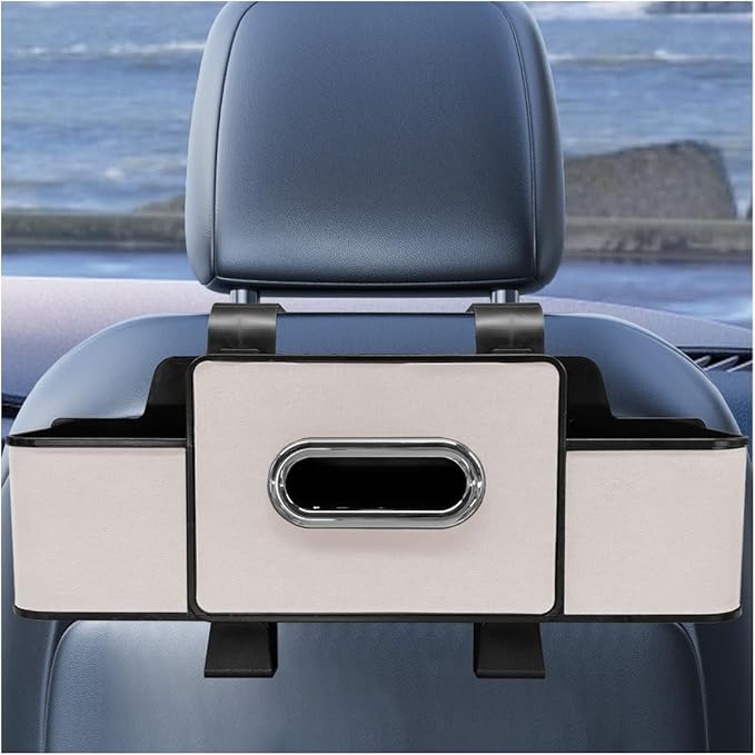 YoRise Multifunctional Car Back Seat Organizer, Leather Automotive Headrest Phone & Tissue & Cup Holder with Hooks, Family Travel Vehicle Backseat Storage Box for Drink, Snack, Handbag (White)