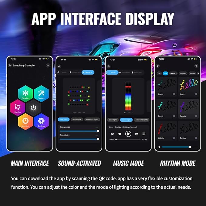 Acrylic Ambient Lighting Car Interior, 10 in 1 Dream Color Acrylic Led Strips Fiber Optic Lights Kit with APP USB Hub,Flexible Dynamic Neon Music Sync Emotion Glow Footwell Lighting for Car