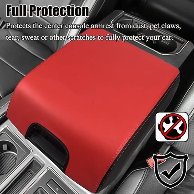 XITER 1PC Leather Center Console Armrest Box Cover Waterproof Cushion Pad for F150 2015-2020 F250 F350 F450 Super Duty 2017-2022 Expedition 2018-2023(Red Stitches)