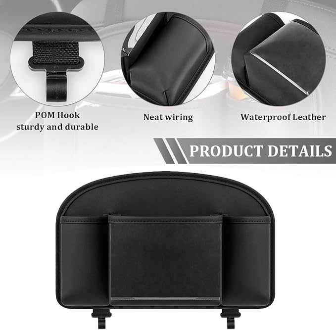 Car Back Seat Organizer, Leather 4-in-1 Seat Back Hanging Storage Bag with Tissue Box, 2 Cup Holder & Hook, Multi-Purpose Backseat Organizer Pocket for Hold Phone Drink, Universal Fit (Black)