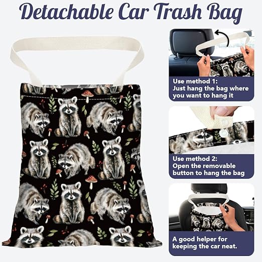 Raccoon Print Car Trash Bag Hanging Garbage Bag with Snap Buttons Car-Back Seat Trash Storage Portable Dustbin for Car Interior Accessories Travel Camping