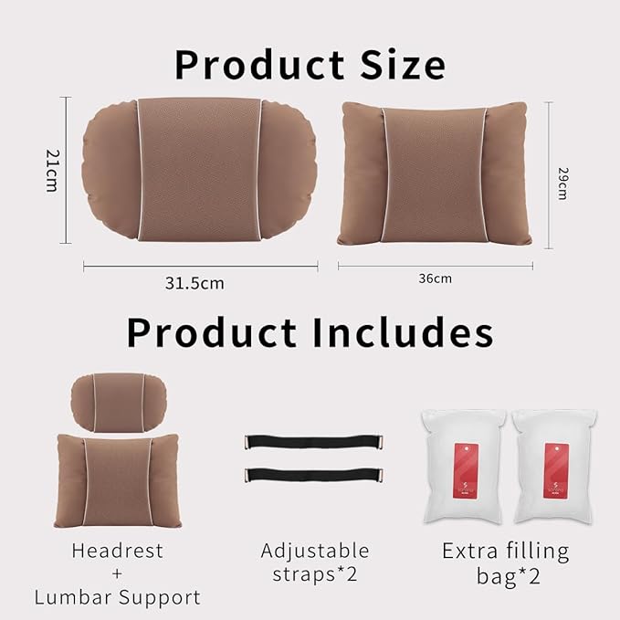 Car Headrest & Lumbar Support Set,Premium Skin-Feeling Napa Leather Soft and Comfortable Headrest,Car Seat Headrest Pillow Waist Support Car Interior Accessories for Driving Home Office