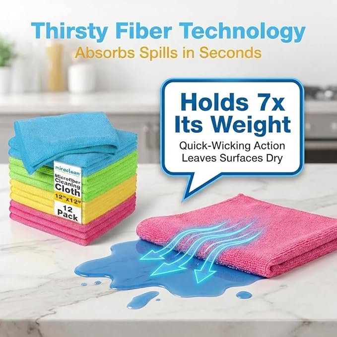 MIRACLEAN Microfiber Cleaning Cloth 12 Pack - 12 x 12 inches - Rags for Cleaning House Streak-Free Wipes for Screens, Dusting & Appliances - Premium Micro Fiber Cloth for Cleaning