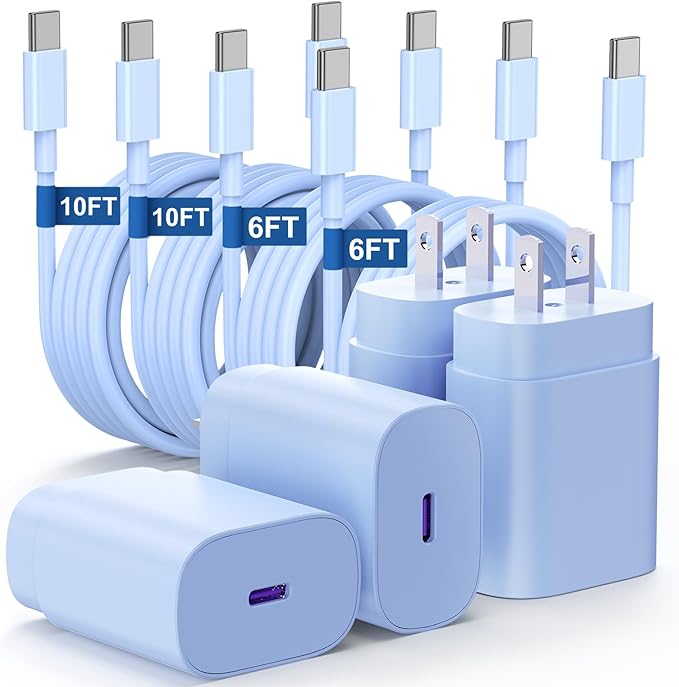 Essri Type C Charger Fast Charging for Samsung Galaxy S25/S24/S23/S22/Note 20,4Pack 25W Super USB C Fast Charger Block with (6ft+10ft) x2 Cables for iPhone 15/16 Pro Max/Plus, Android Phones-Blue