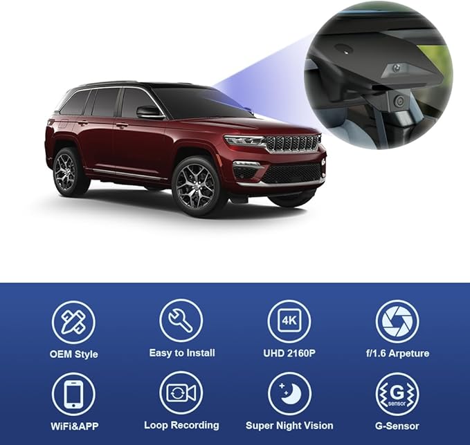 Fitcamx 4K Dash Cam Suitable for Jeep Grand Cherokee L 2023-2025 4XE (HD2-0513), OEM Factory Look, 2160P UHD Video, Built-in WiFi & APP, Loop Recording, Gravity Sensor, Easy to Install, 64GB Card