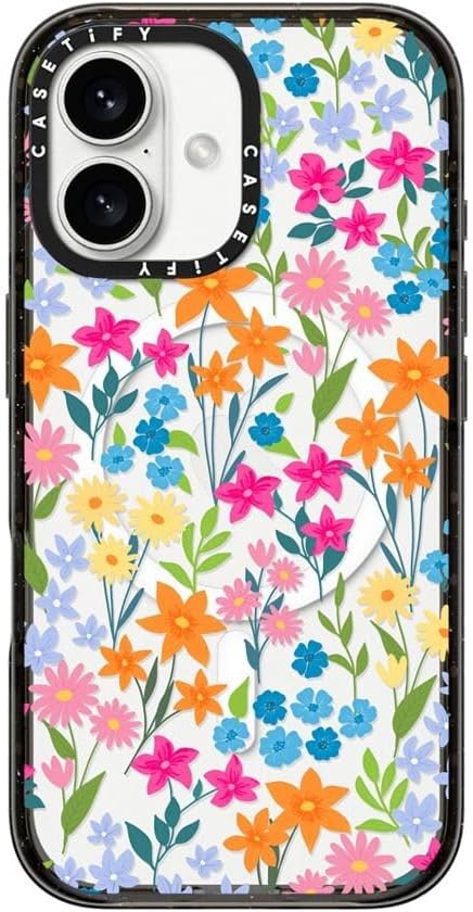 CASETiFY Impact Case for iPhone 16 [Slim / 8.2 ft. 4X Military Grade Drop Protection/Compatible with Magsafe] - Bright Spring Flowers - Clear Black