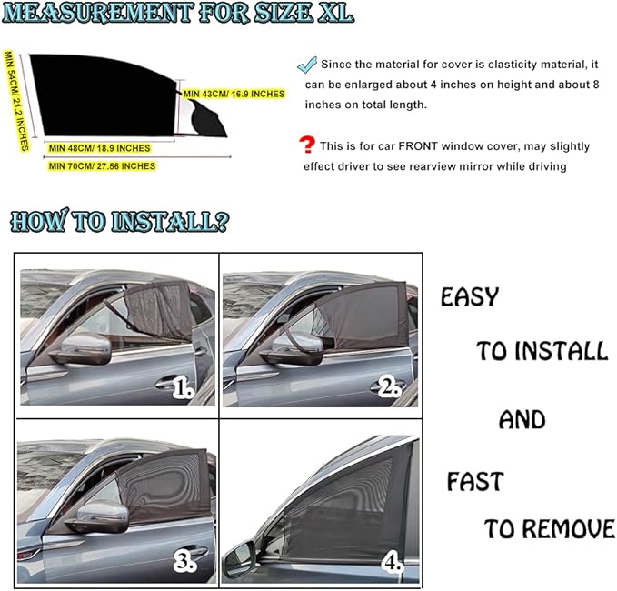 Car Front Window Sun Shade - 2 Pack Breathable Mesh Side Window Shade Sunshade UV Protection for Driver Family Pet on Front seat, Curtain with Two Holes to See Rearview Mirror, Size M
