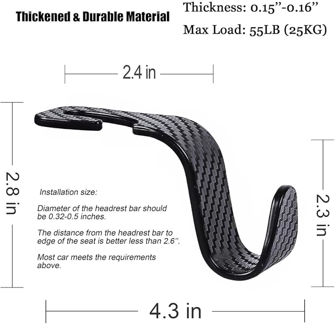 KOOPAO 4 Pack S Type Car Seat Headrest Hook Universal Car Storage Headrest Hanger Holder Hooks, Vehicle Strong and Durable Backseat Hanger for Handbag Purse Coat and Bag