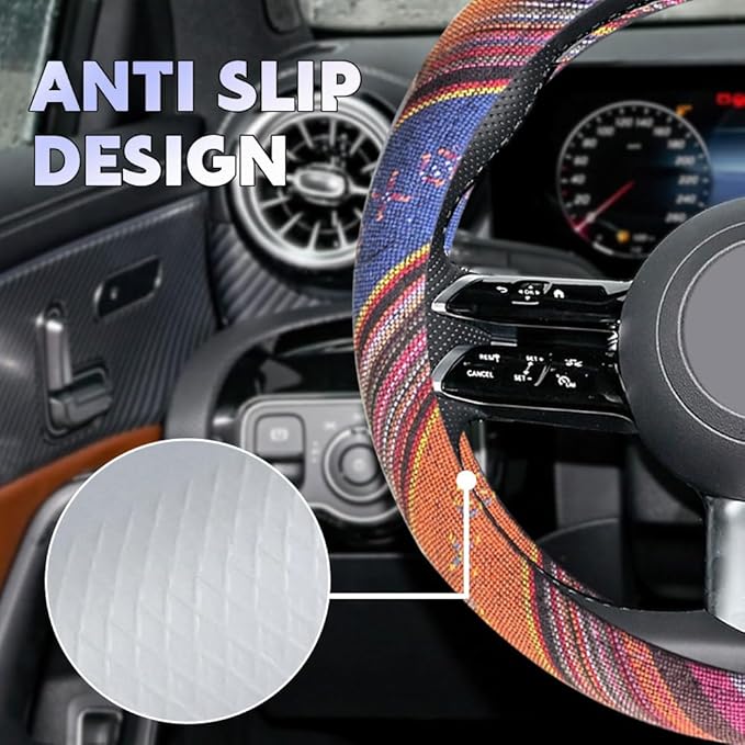 Boho Steering Wheel Cover, Steering Wheel Cover Women, 15 inch Hippie Style Protector Covers, Universal Ethnic Flax Cloth Car Accessories Universal for SUV Van Truck (Hippie-C)