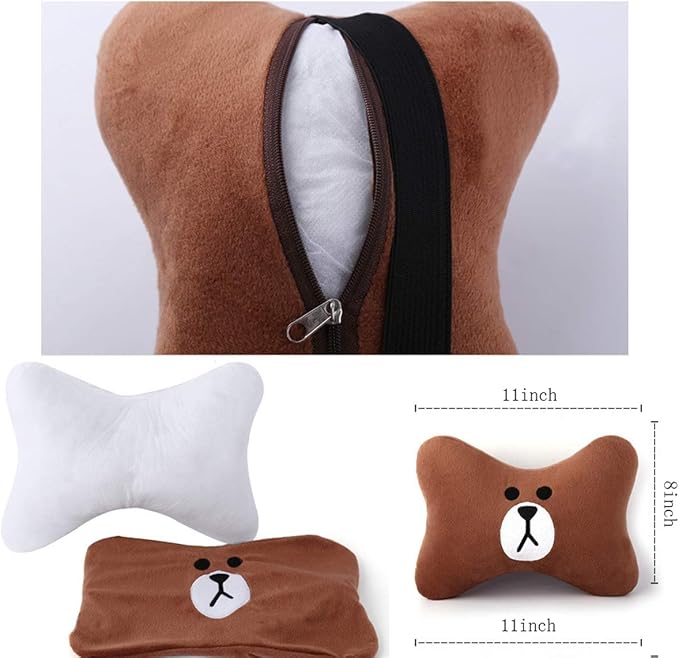 CHERISH Car Neck Pillow - 2 Pack Cute Bear Headrest Support Cushion, Soft & Comfortable Car Seat Accessory, Universal Travel Headrest for Car & Home Use (Brown)