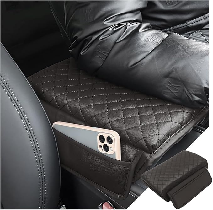 zipelo Car Armrest Cushion, Carbon Fiber Leather Auto Center Console Pad, Memory Foam Armrest Box with Storage Bag, Hand Rest Pillow with Organizer Pockets, Universal Fit for Most Vehicles (Coffee)