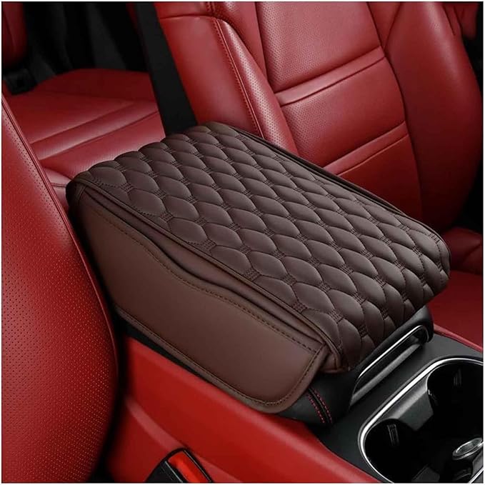Car Center Console Cover for Dodge Ram 5th Ram 1500 2019-2024, Universal Leather Armrest Cover Protector Cushion Waterproof Interior Accessories with 2 Storage Bags,B/Brown