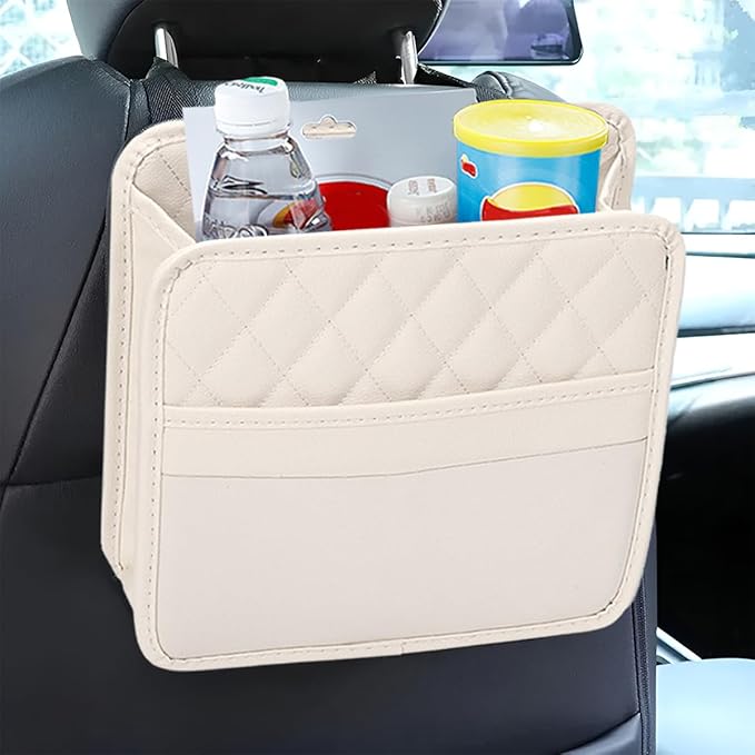 Car Seat Back Organizer, Foldable Leather Vehicle Backseat Storage Bag, Multifunctional Automotive Interior Hanging Pocket Accessories, Universal Fit (Beige)