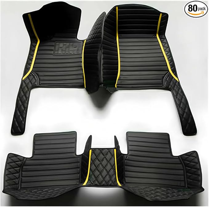 TREGOO All Weather Car Mats Custom Fit Non Slip Floor Mats for 1998-2025 Cars Personalized Leather Protection Pads Suitable for Men Women (Edge Yellow, Middle Black Horizontal bar)