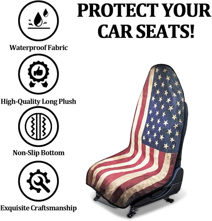 Car Towel Seat Cover, American Flag Performance Microfiber Washable Non Slip Vehicle Front Seat Covers, Sweatproof Automotive Interior Chair Protectors, Universal Fit