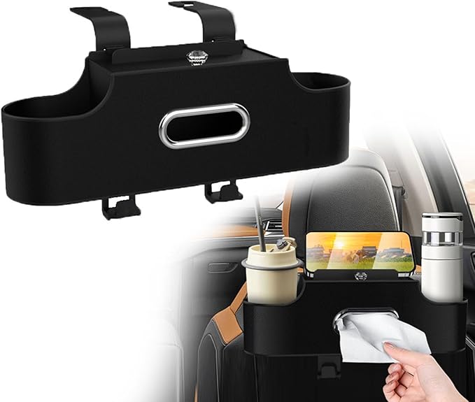 4-in-1 Back Seat Car Organizer, Adjustable Hooks, Universal Fit, with Cup Holder, Tissue Box & Storage, for Travel, Stores Phone, Snacks, Drinks, Handbags, Keeps Car Neat & Space-Saving (Black)