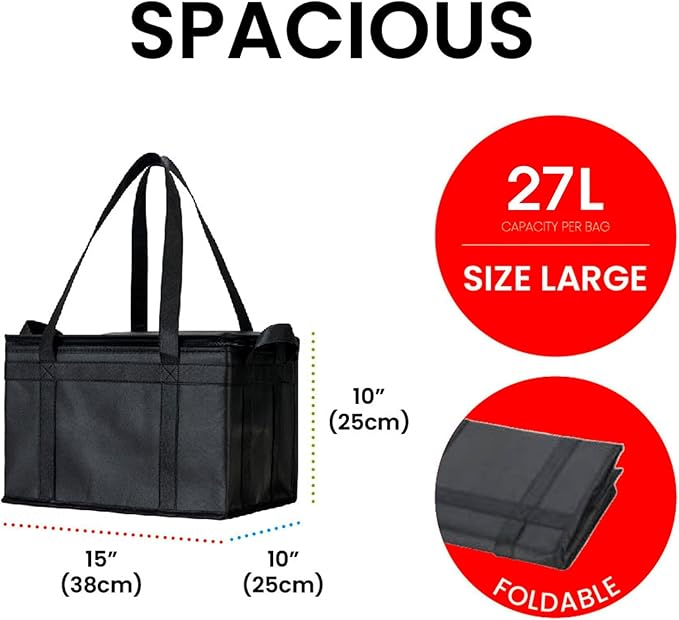 NZ home Insulated Bags for Food Delivery (Large) Grocery Shopping Cooler Bag, Pizza Delivery, Hot & Cold Catering Tote, Reusable, Foldable & Heavy Duty (Black)