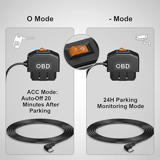 OBD2 Power Cable for Dash Camera, Type-C OBD Adapter with 24-Hour Parking Mode, Acc Mode, Low Voltage Protection, 11.48FT Cable for Dash Cams, GPS, DVR, and More, 12V-36V to 5V/3A