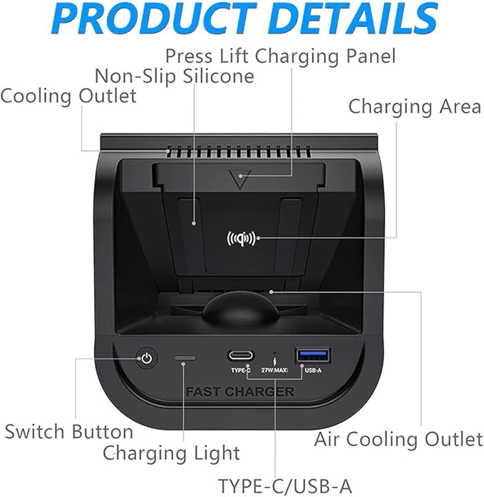 Wireless Car Charger for Mercedes-Benz GLA GLB CLA A-Class B-Class 2013-2019, OEM Custom Fit with 27W USB-A & Type-C Wireless Fast Phone Charging Pad for Mercedes-Benz Interior Accessories