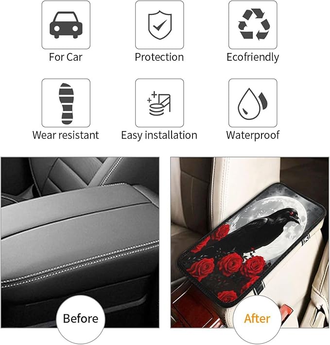 Gothic Raven Moon Red Roses Car Handrail Box Cushion Armrest Cover Auto Center Console Pad Car Decor 12.6X7.5 in