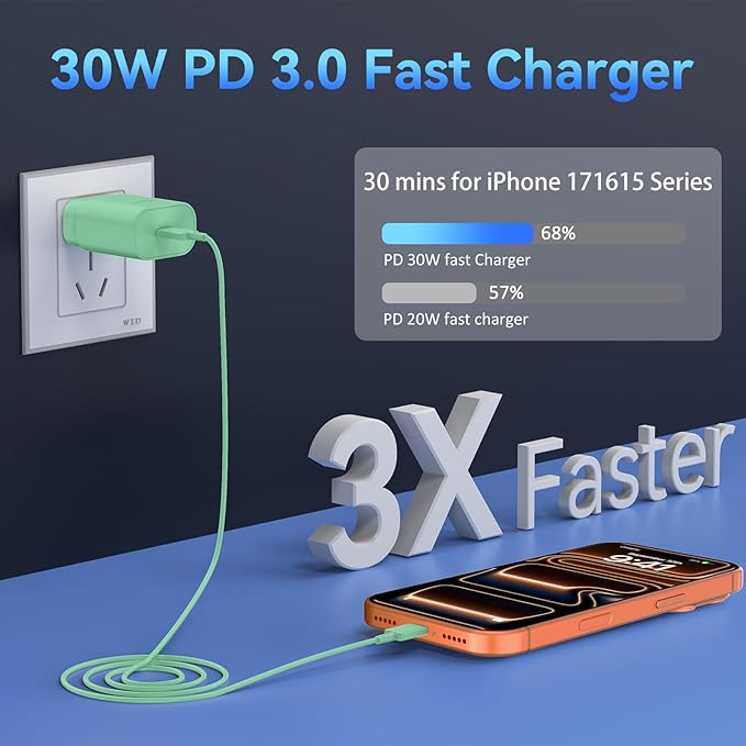 Phone 17 16 15 Charger Fast Charging,30W USB C Phone 17 16 15 Pro Max Charger Block &10FT Long Type C Cable Cord for i.Phone 17/Air/17 Pro/17 Pro Max/16/16 Plus/16 Pro/16 Pro Max/15/15 Pro Max,Green