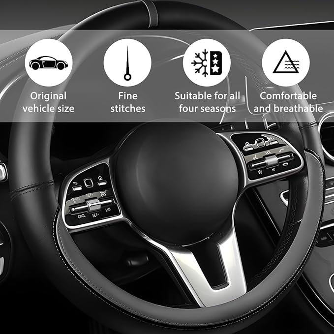 Car Steering Wheel Cover, 15 Inch Leather Anti-Slip Breathable Vehicle Steering Wheel Protector, Automotive Interior Protection Accessories, Universal for SUV Sedan Truck (Black/Gray)