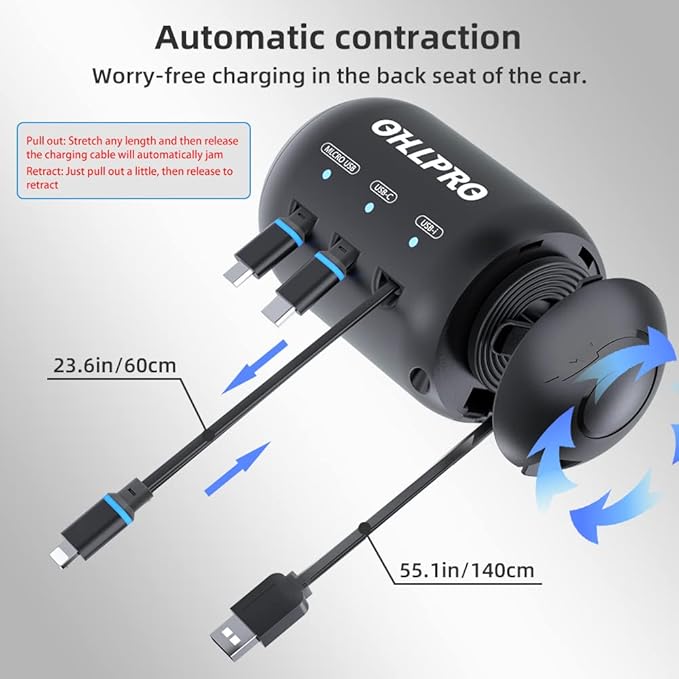 OHLPRO Retractable Backseat Car Charger [2 Pack], 3-in-1 Multi Car Charging Station with USB-C/USB-i/Micro-USB, 15W Fast Charging for iPhone, Samsung, Android, Headrest Mount for Uber Taxi Rideshare