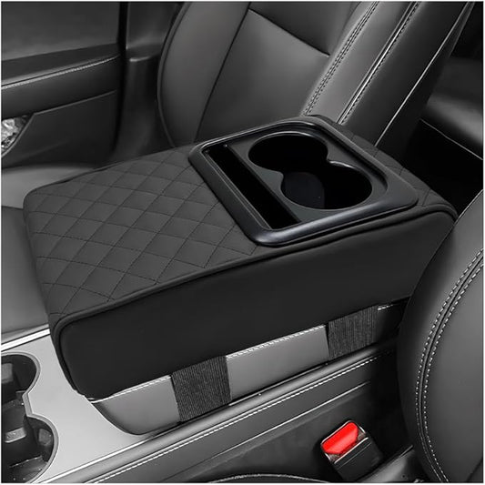 Car Center Console Armrest Pillow, 14"×8.3" Waterproof Leather Armrest Box Cover with Cup and Phone Holder, Soft Memory Foam Arm Rest Console Pad Protector for SUV Truck (Black, Embroidery)