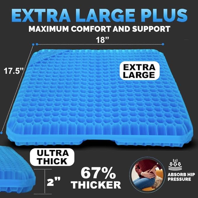 Gel Seat Cushions for Long Sitting- Extra Large & Ultra Thick(2 Inch) Orthopedic Chair Pad for Pressure Relief, Sciatica & Back Pain – Non-Slip, Cooling, Portable for Office, Car, Truck, Wheelchair
